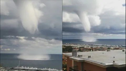 Fuerte tromba marina azotó el puerto de San Remo en Italia