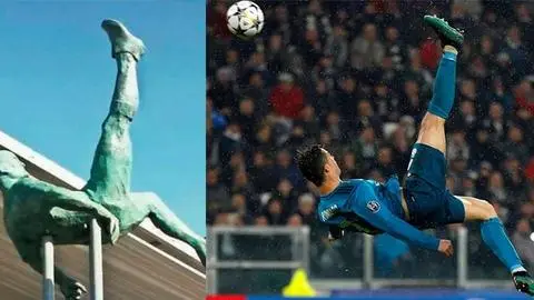 Impacto por enorme parecido entre golazo de CR7 y estatua de “Chilena” en Talcahuano