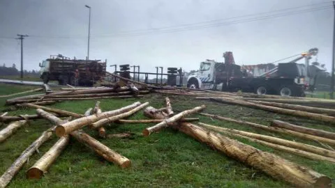 Carro de camión se vuelca y desparrama toda su carga en plena ruta en Los Ángeles