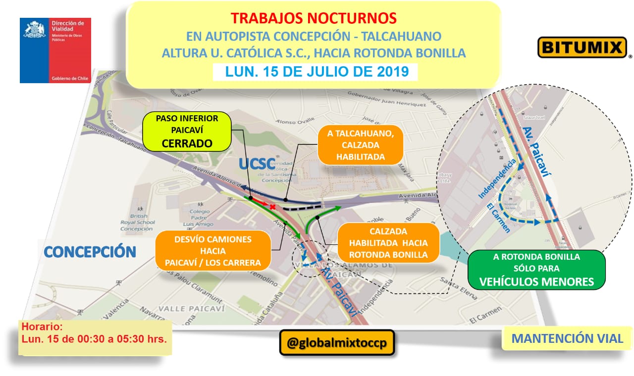 Cortarán tránsito en paso bajo nivel Paicaví en Concepción esta noche