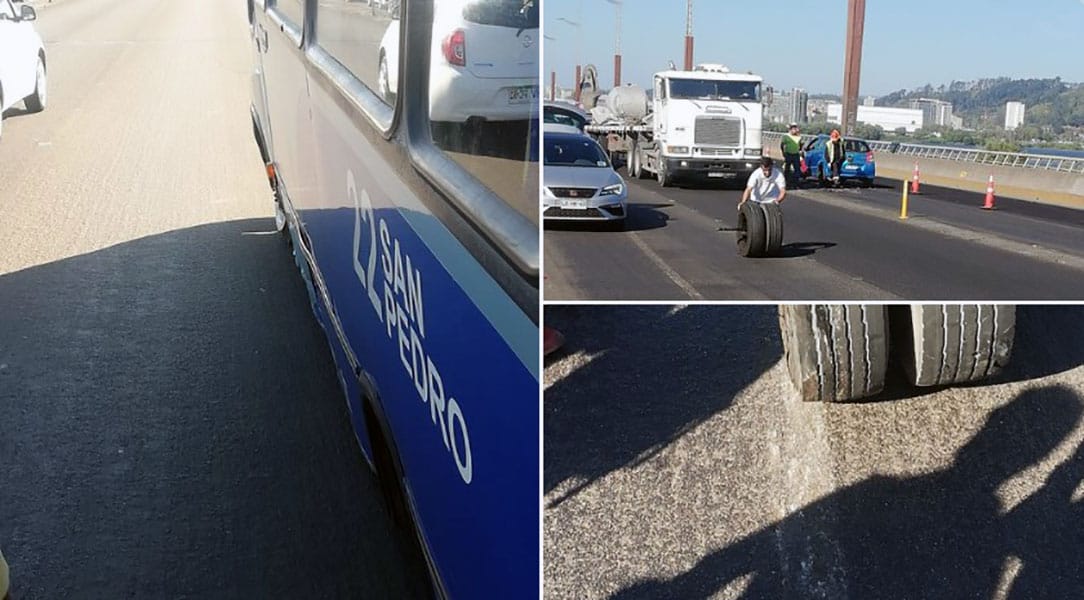 Taxibus perdió eje trasero en pleno viaje y genera enorme taco en puente Llacolén