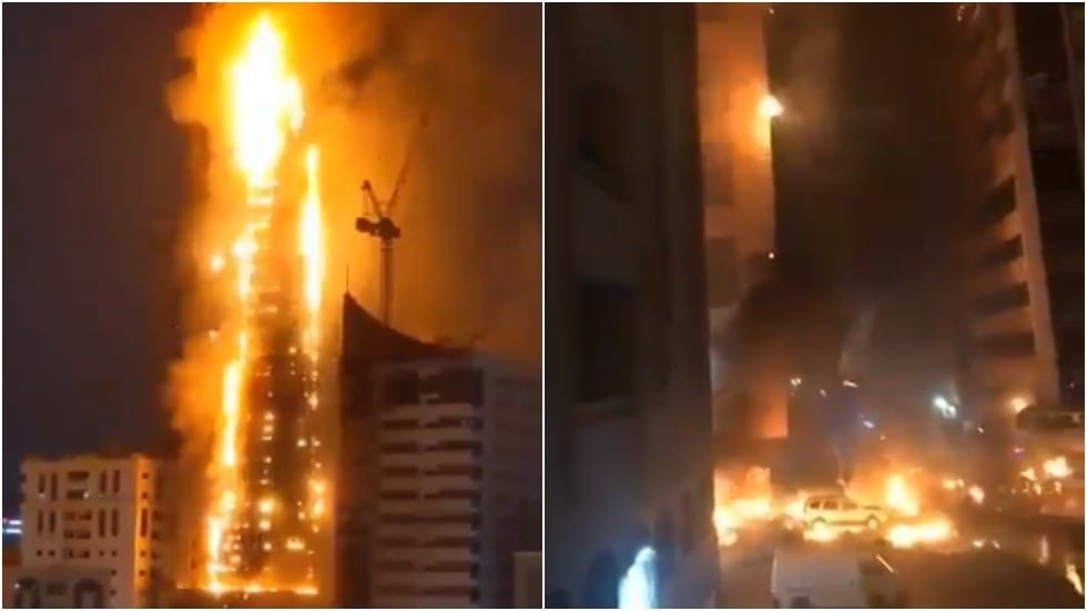 Enorme incendio arrasa por completo edificio de gran altura en Emiratos Árabes
