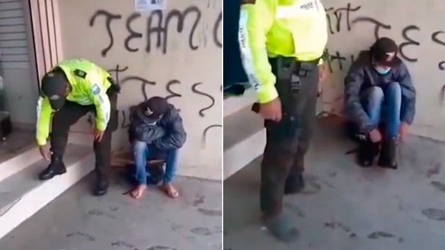 Policía ecuatoriano regaló sus botas a niño migrante descalzo que se dirige a Chile