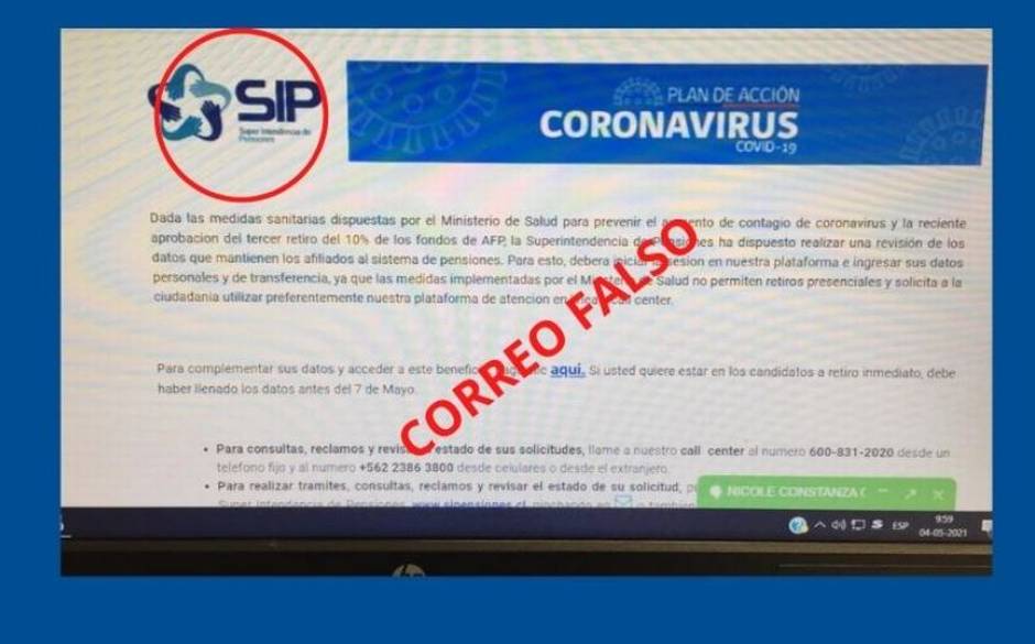 Superintendencia de Pensiones alerta de mail falso relacionado al tercer retiro del 10%