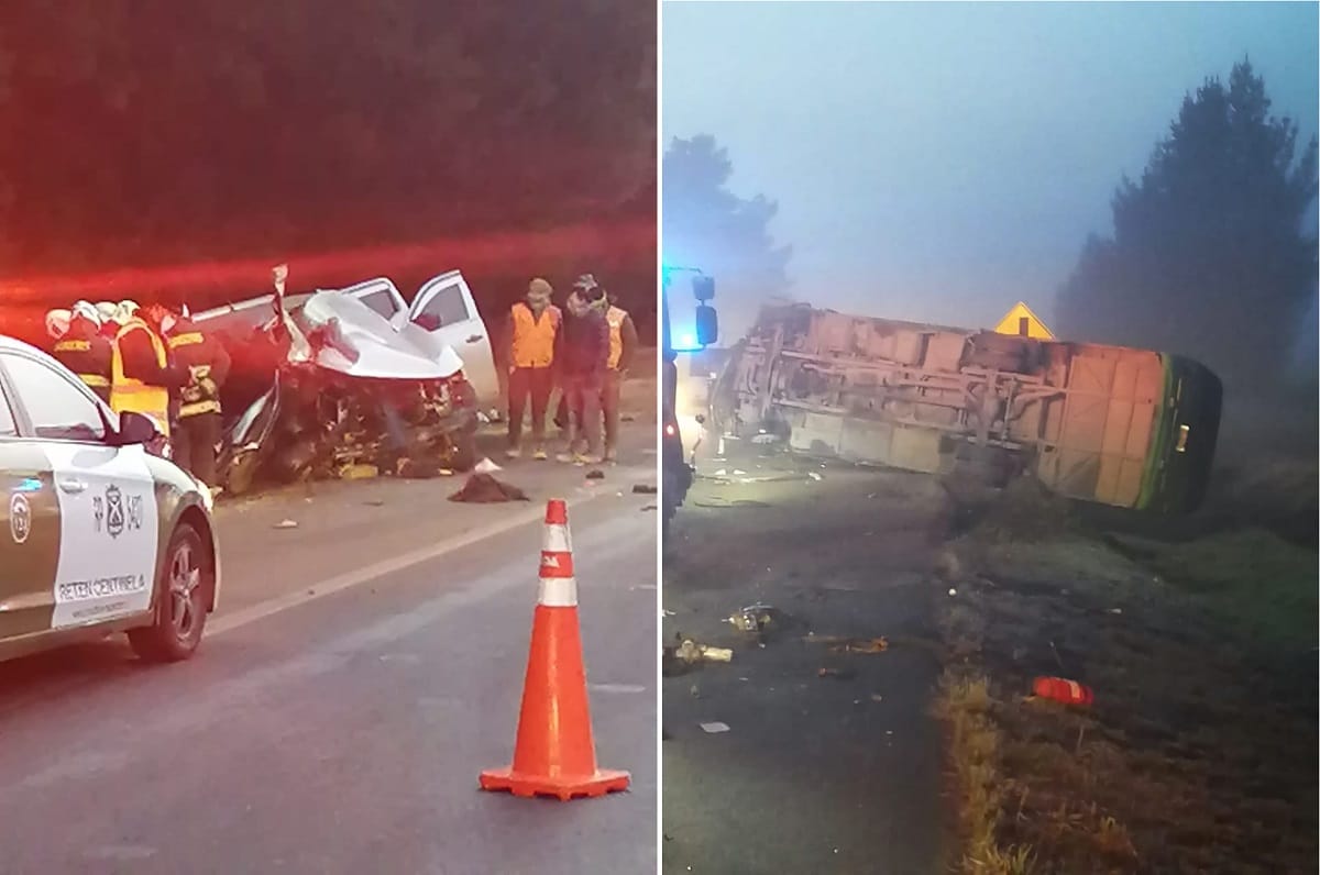 Violenta colisión de minibús con camioneta en Yumbel terminó con vehículo mayor volcado