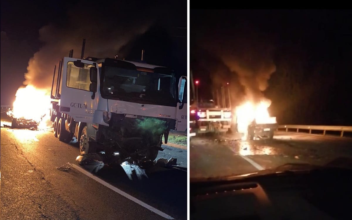 Carabineros pericia camioneta que se incendió con dos ocupantes tras colisionar con camión en Ruta de la Madera