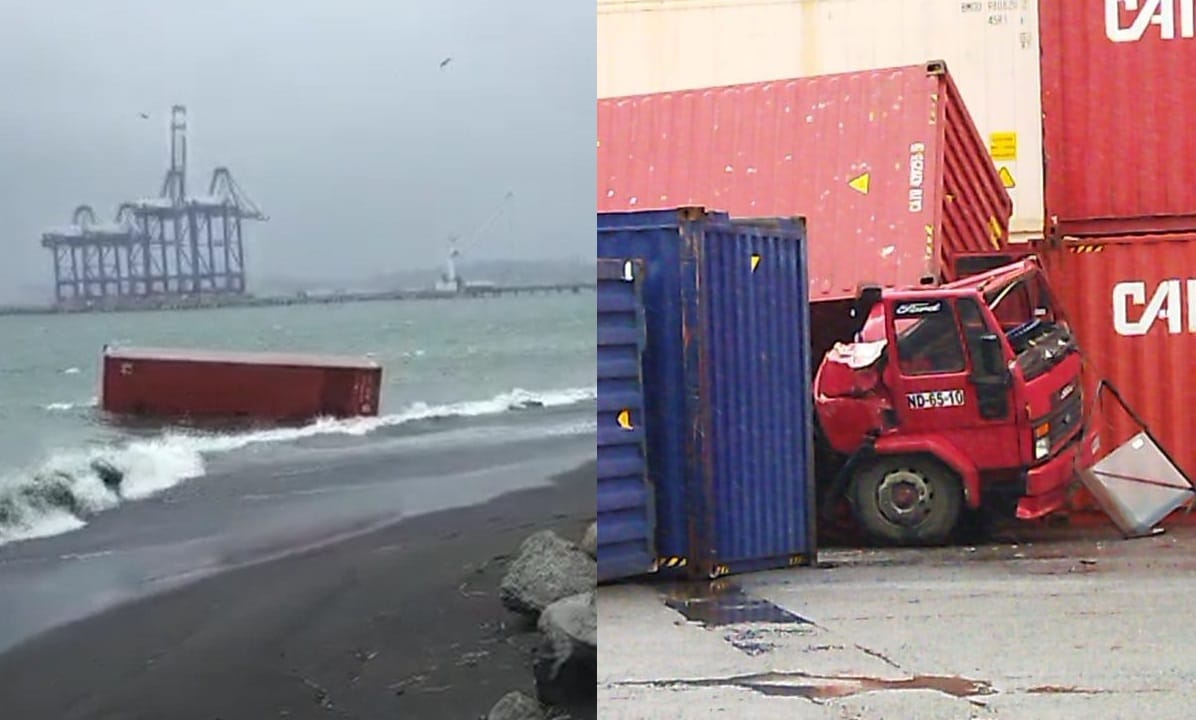 Cinco contenedores en el agua y otro sobre un camión en Coronel por fuerte viento