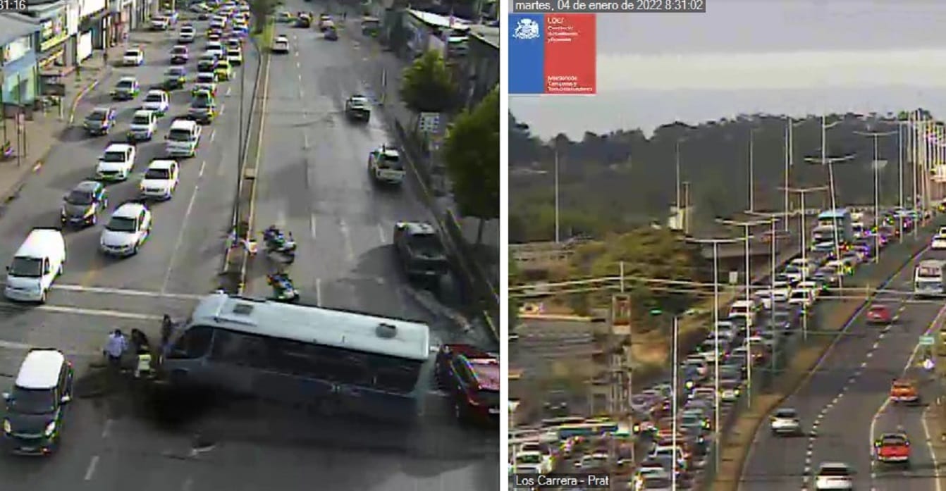 Bus chocó con semáforo en Prat con Los Carrera y generó gran taco en Puente Llacolén hacia Concepción
