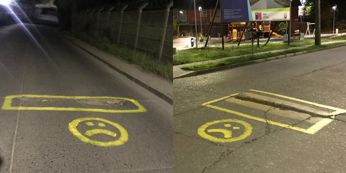 Descontento por mal estado de calles en Coronel: Intervienen pintando hoyos con caras tristes