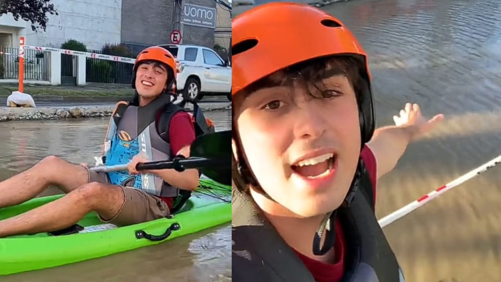 Tiktoker de Concepción improvisó en kayak y navegó por calle anegada a metros de la UdeC
