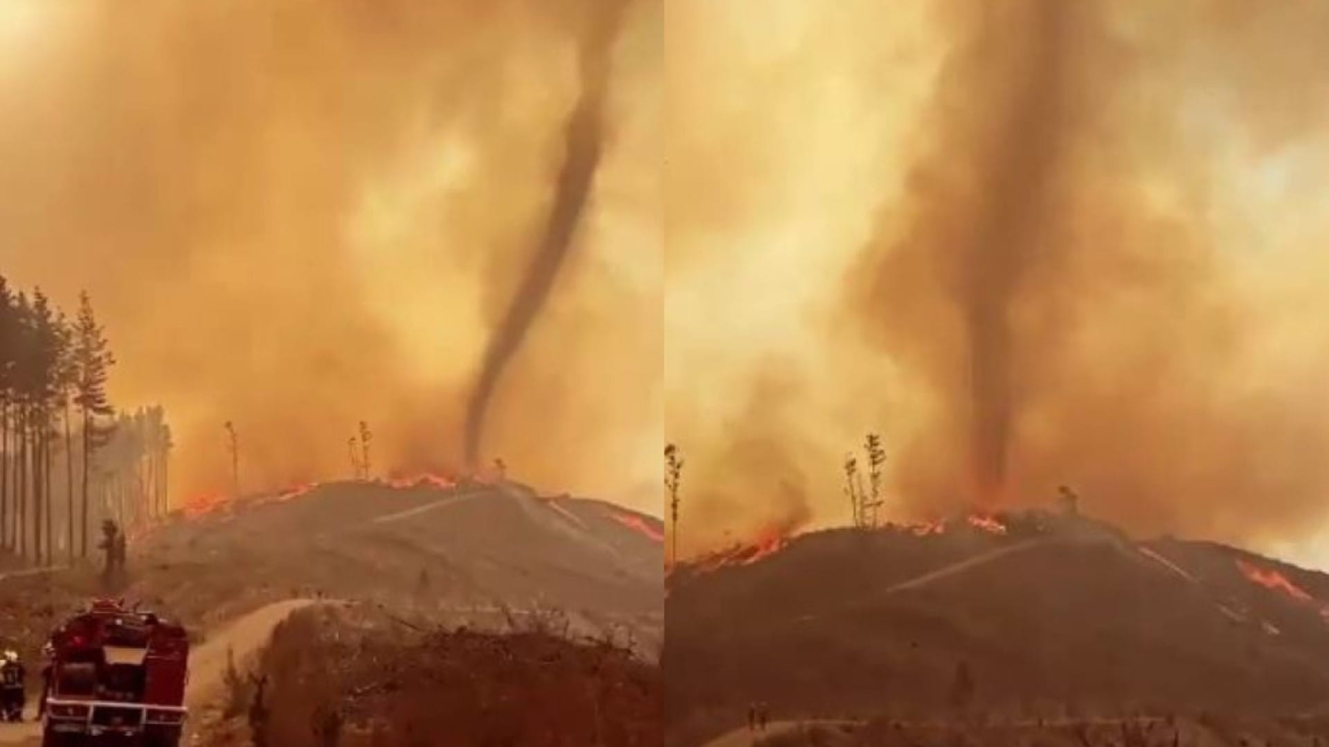 Captan enorme torbellino a pocos metros de Bomberos que combatían incendio en Tomé