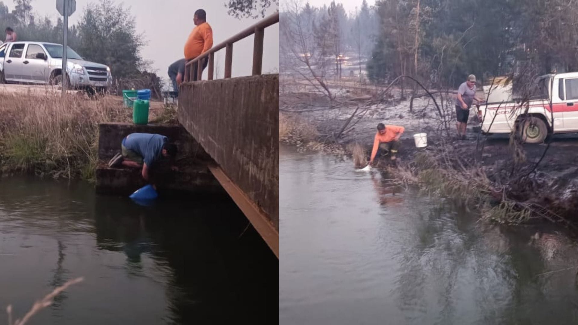 Vecinos de Mulchén sacan agua con baldes para apagar focos de fuego