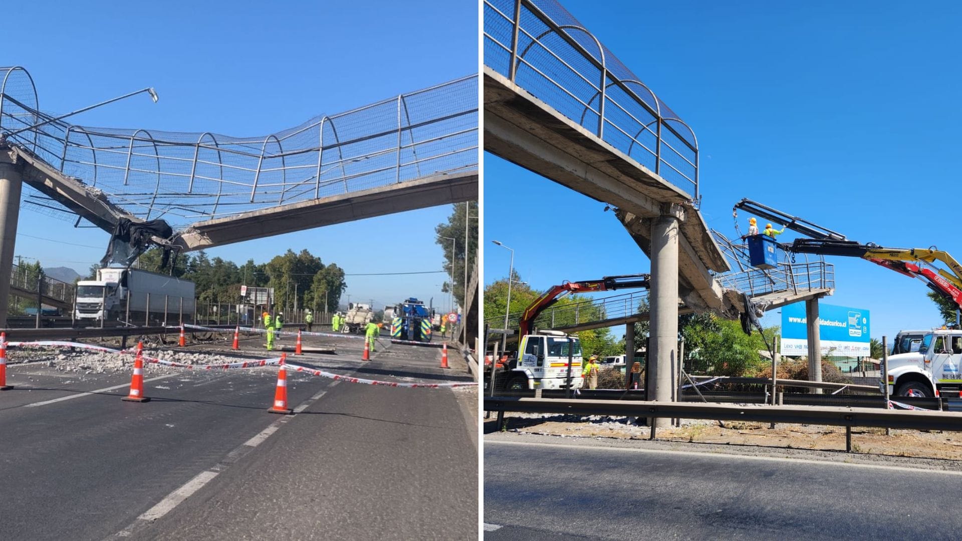 Reportan alta congestión hacia el sur por grave accidente: Camión impactó pasarela en la Ruta 5 a la altura de Curicó
