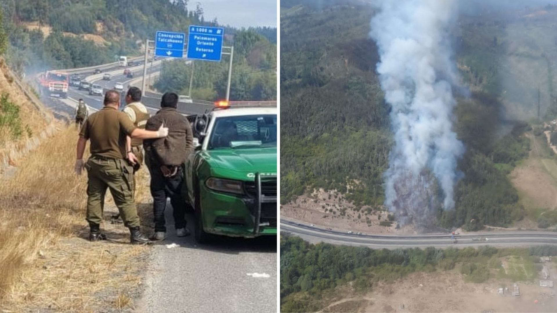 Fue sorprendido prendiendo fuego en ruta Concepción-Cabrero: Sospechoso de generar un incendio forestal está detenido