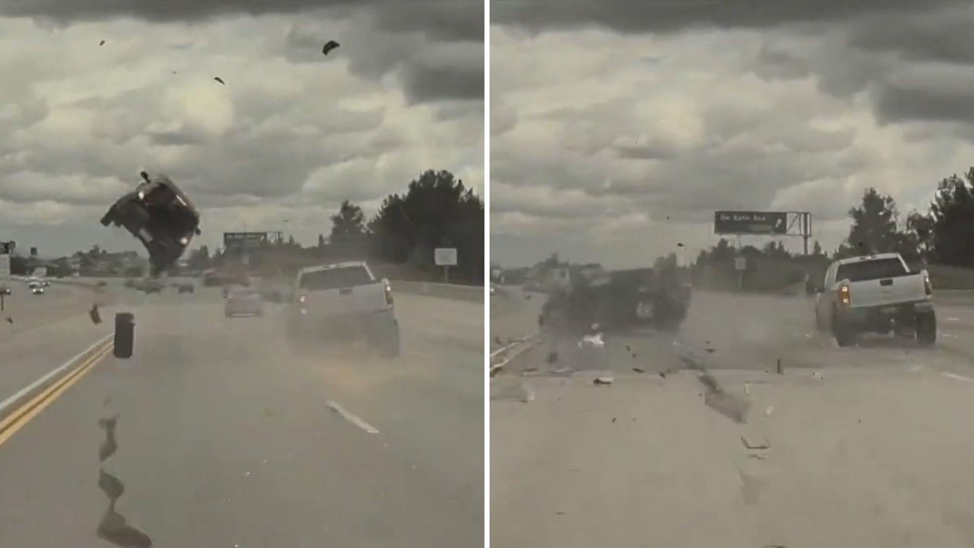 Voló y giró en el aire por extraño percance con una rueda: Captan impresionante accidente de tránsito en autopista de Estados Unidos