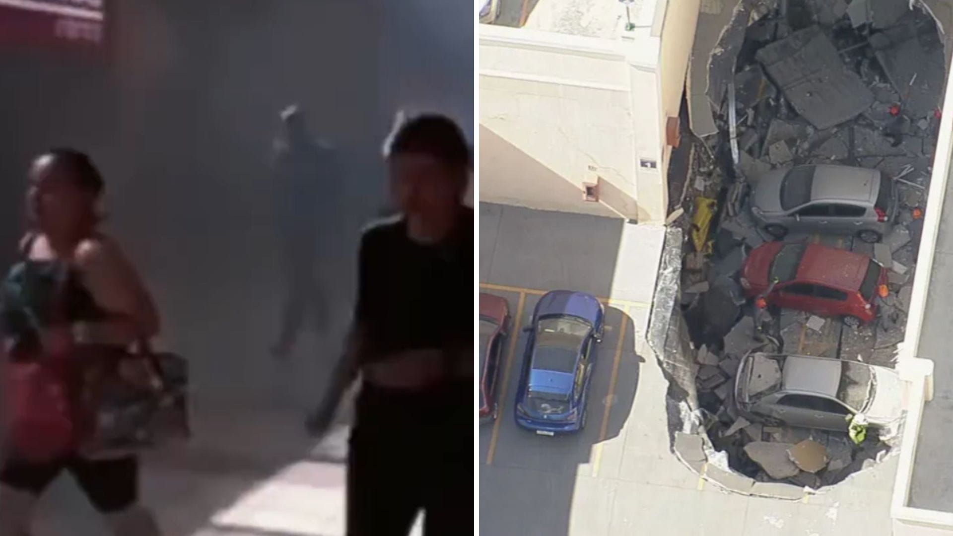 Momentos de pánico en el mall: Estacionamiento se derrumbó y cuatro autos cayeron al patio de comidas lleno de clientes en Brasil