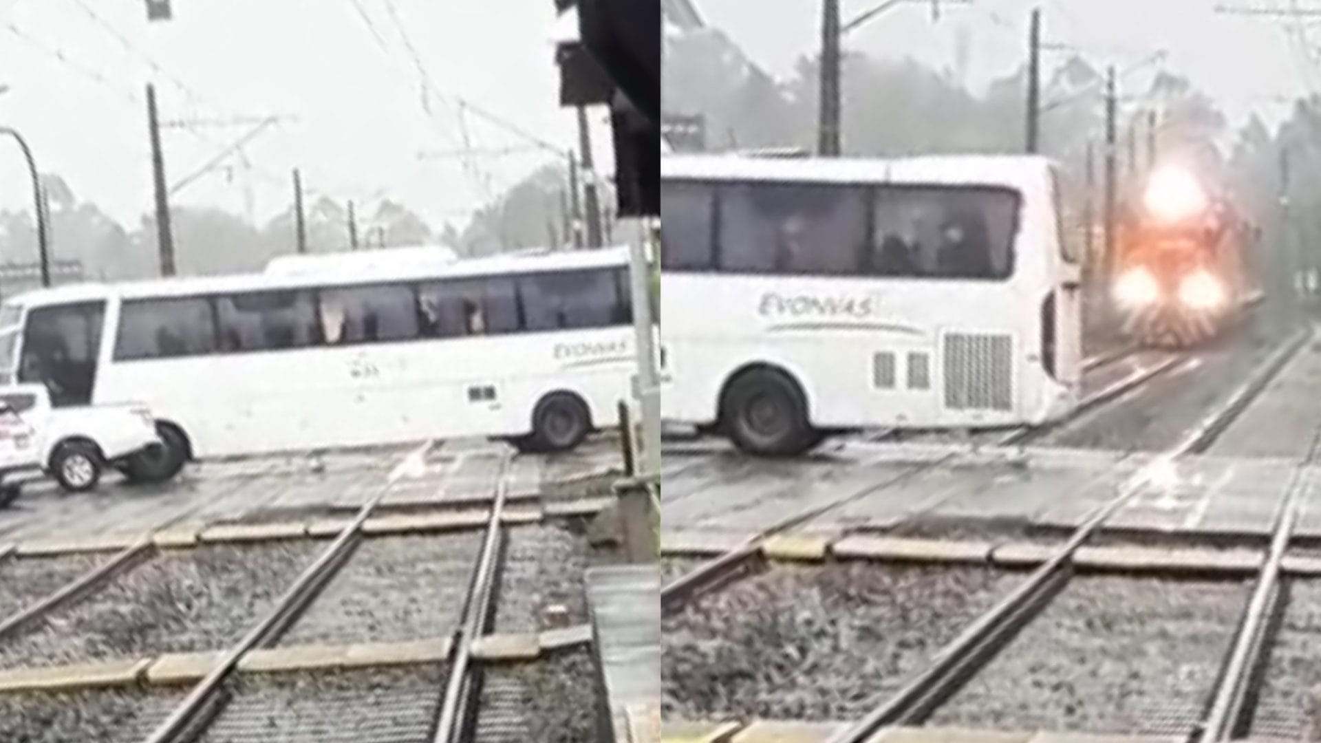Bus escolar quedó en medio de línea férrea segundos antes que pasara el tren en San Pedro