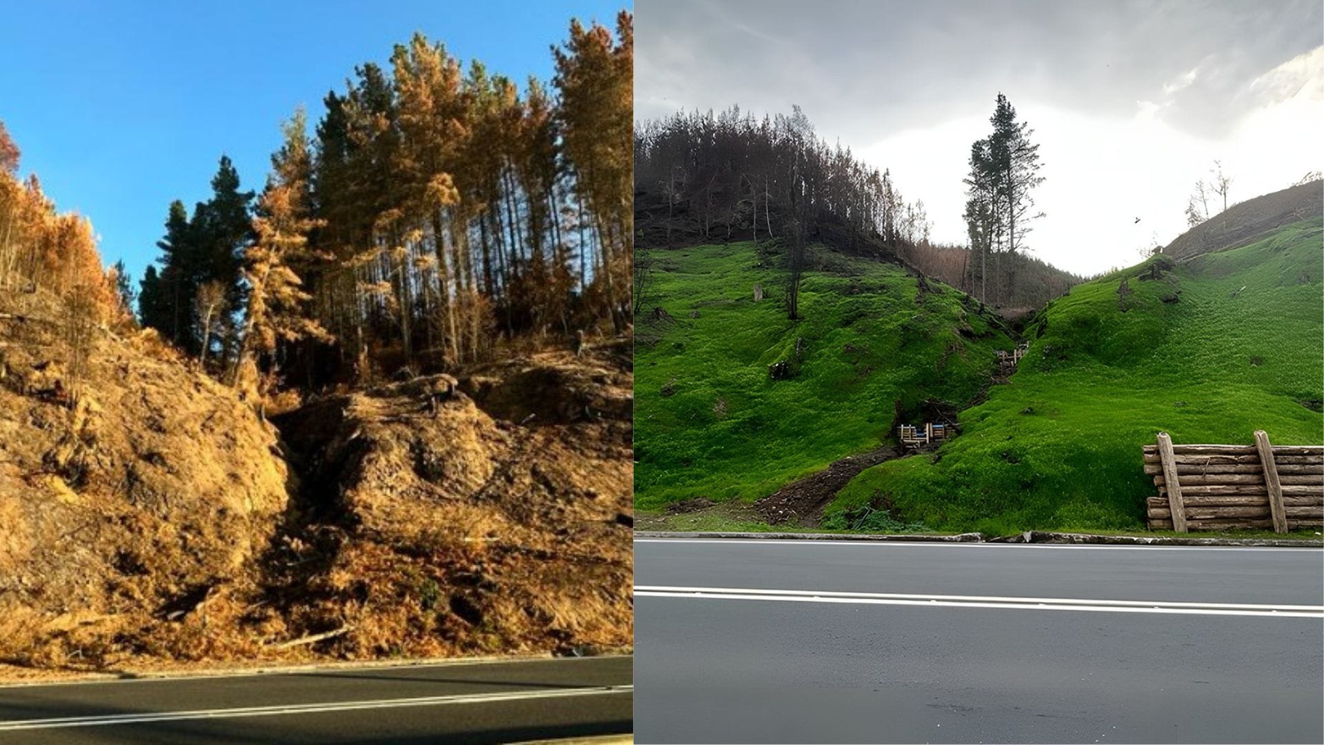 Increíble contraste de la hidrosiembra: Terrenos incendiados vuelven a estar verdes en Santa Juana