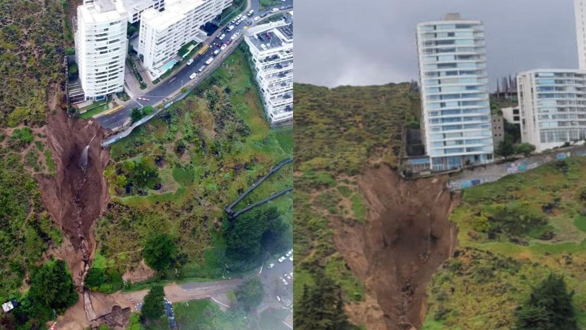 Las impresionantes imágenes del socavón que tiene al borde del colapso a un edificio residencial en las dunas de Viña del Mar