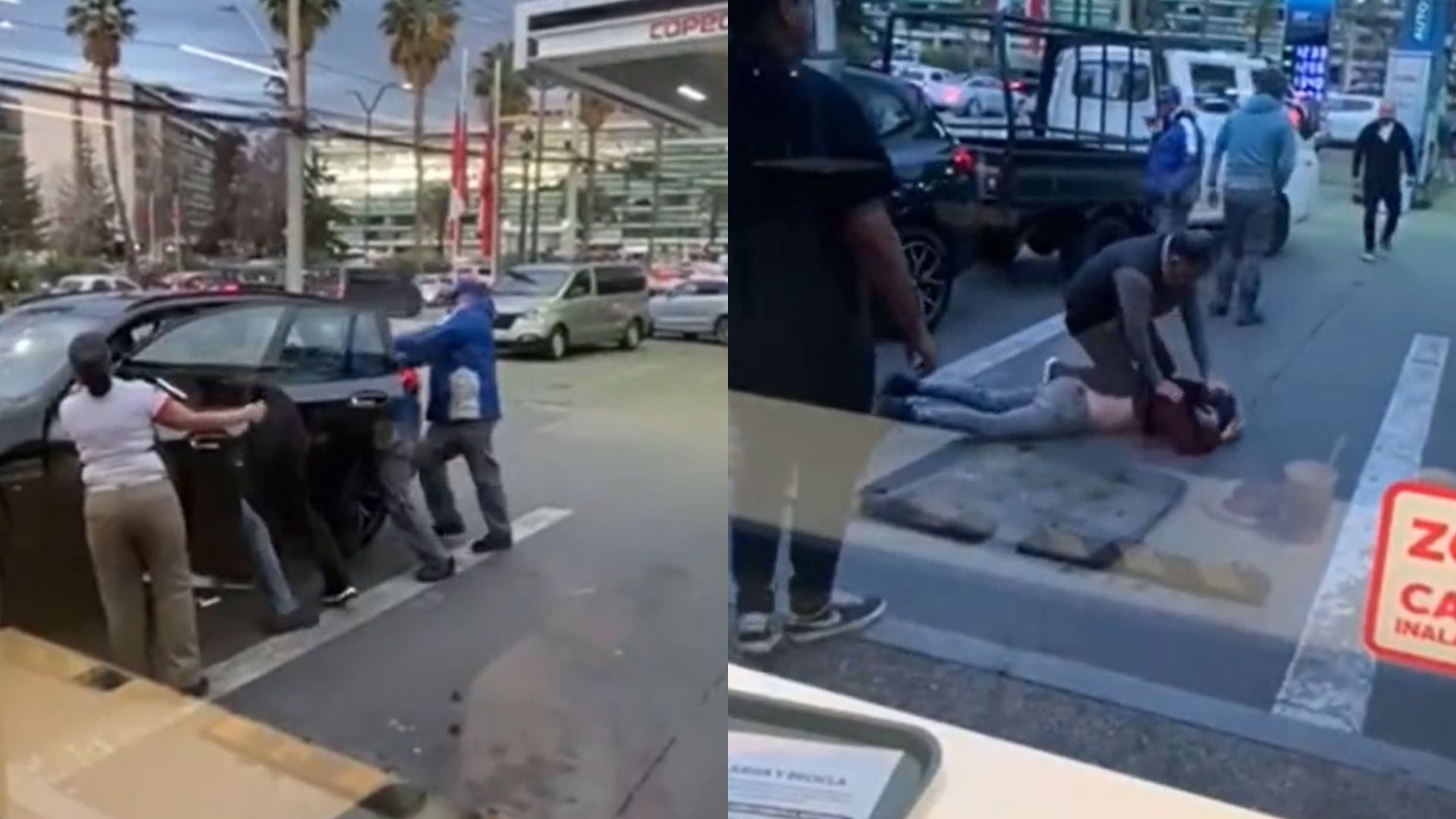 Delincuentes golpearon a conductora: Captan detención ciudadana que frustró robo de vehículo en servicentro de Lo Barnechea