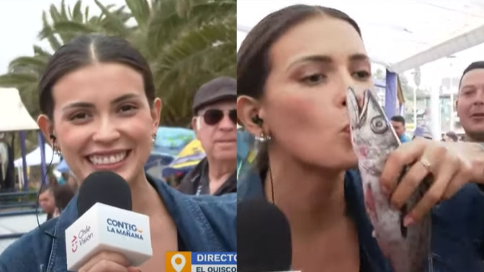 Constanza Capelli hizo su debut como notera en CHV: Besó un pescado y coqueteó con Roberto Cox