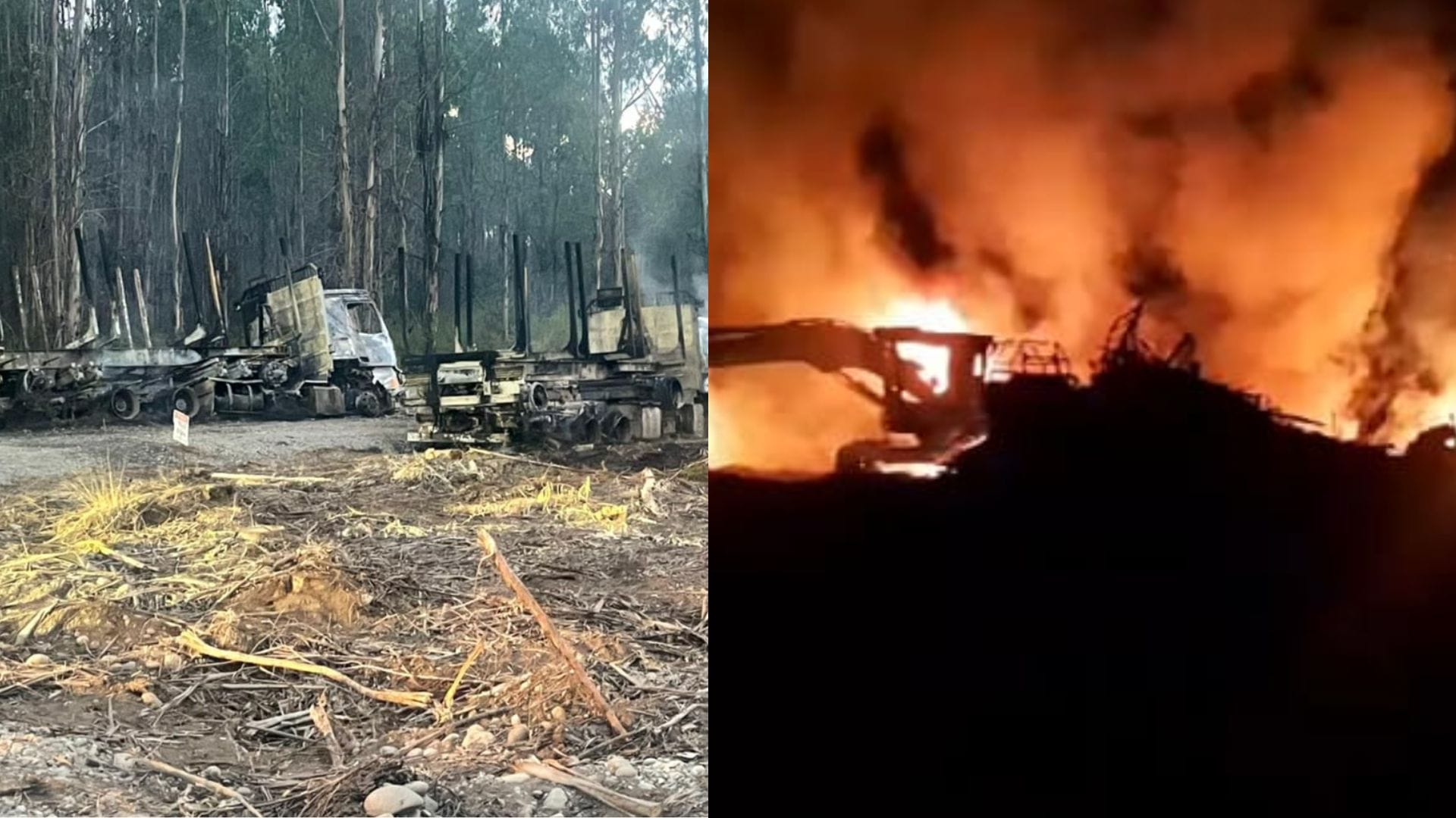Ataque incendiario en La Araucanía: Encapuchados quemaron camiones y maquinaria forestal
