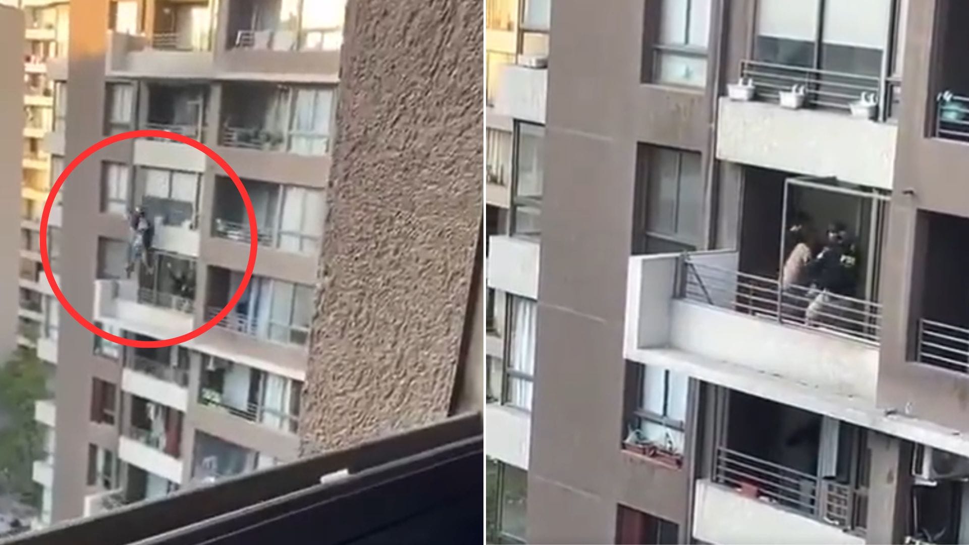 Captan caída de delincuente y funcionario PDI desde balcón de departamento durante procedimiento por drogas en Santiago