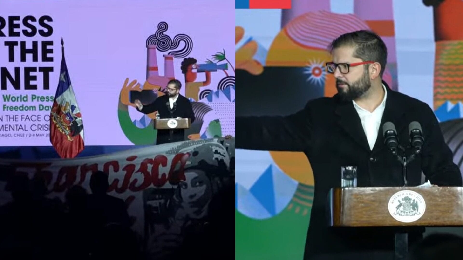 Interrumpen discurso del Presidente Boric en conferencia de Libertad de Prensa pidiendo justicia por Francisca Sandoval