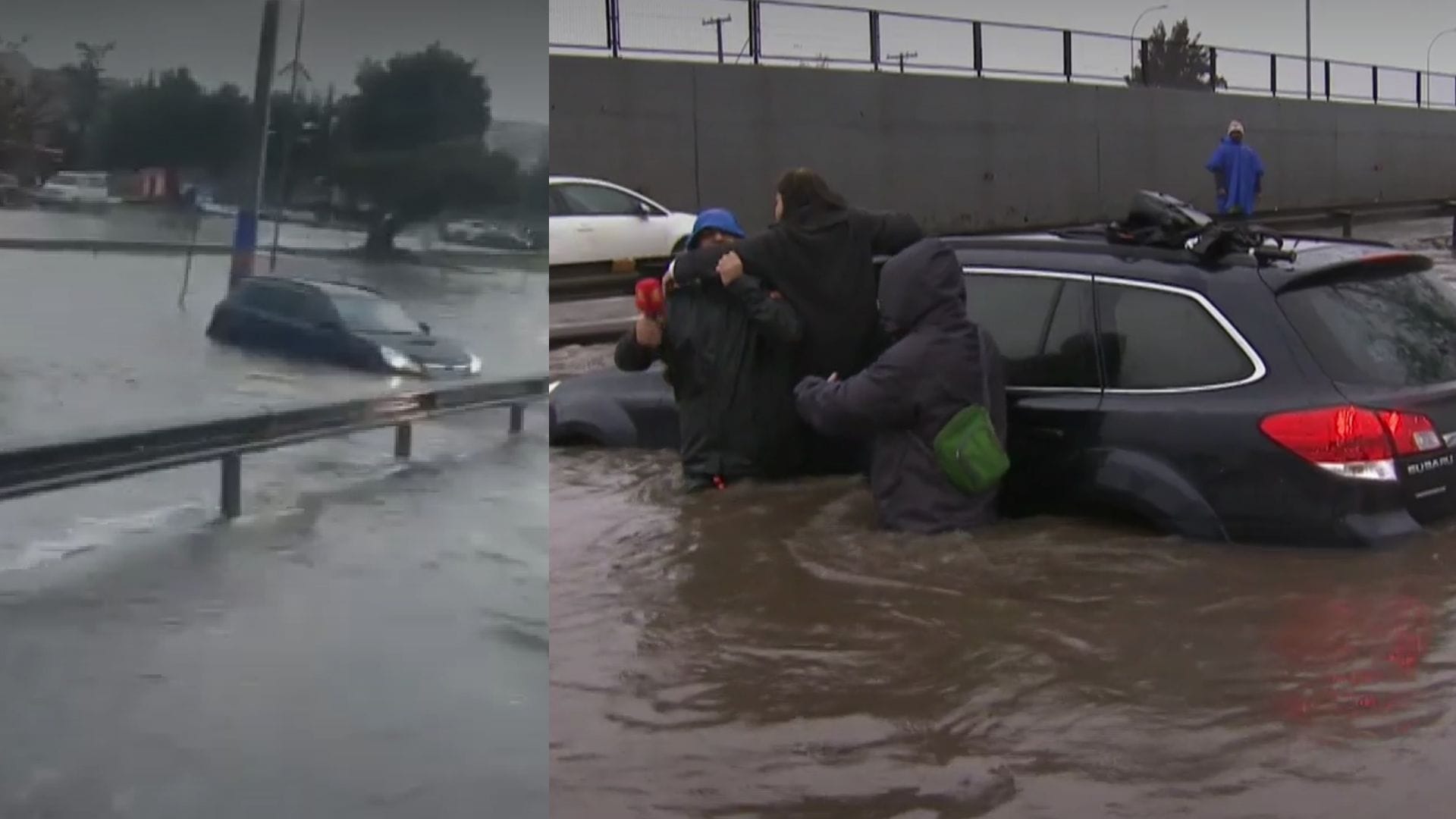 Mujer queda atrapada en su auto por inundación en Av. Américo Vespucio de La Cisterna