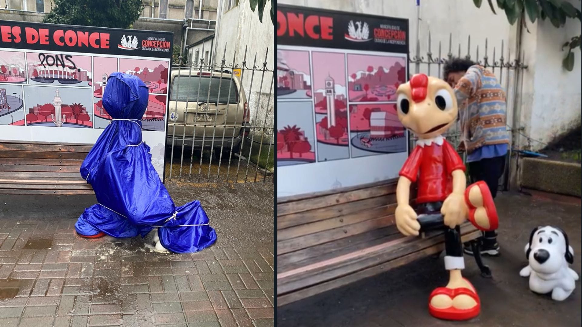 ¡Con cámara de seguridad incluida! Condorito regresa a su tradicional banca en Concepción