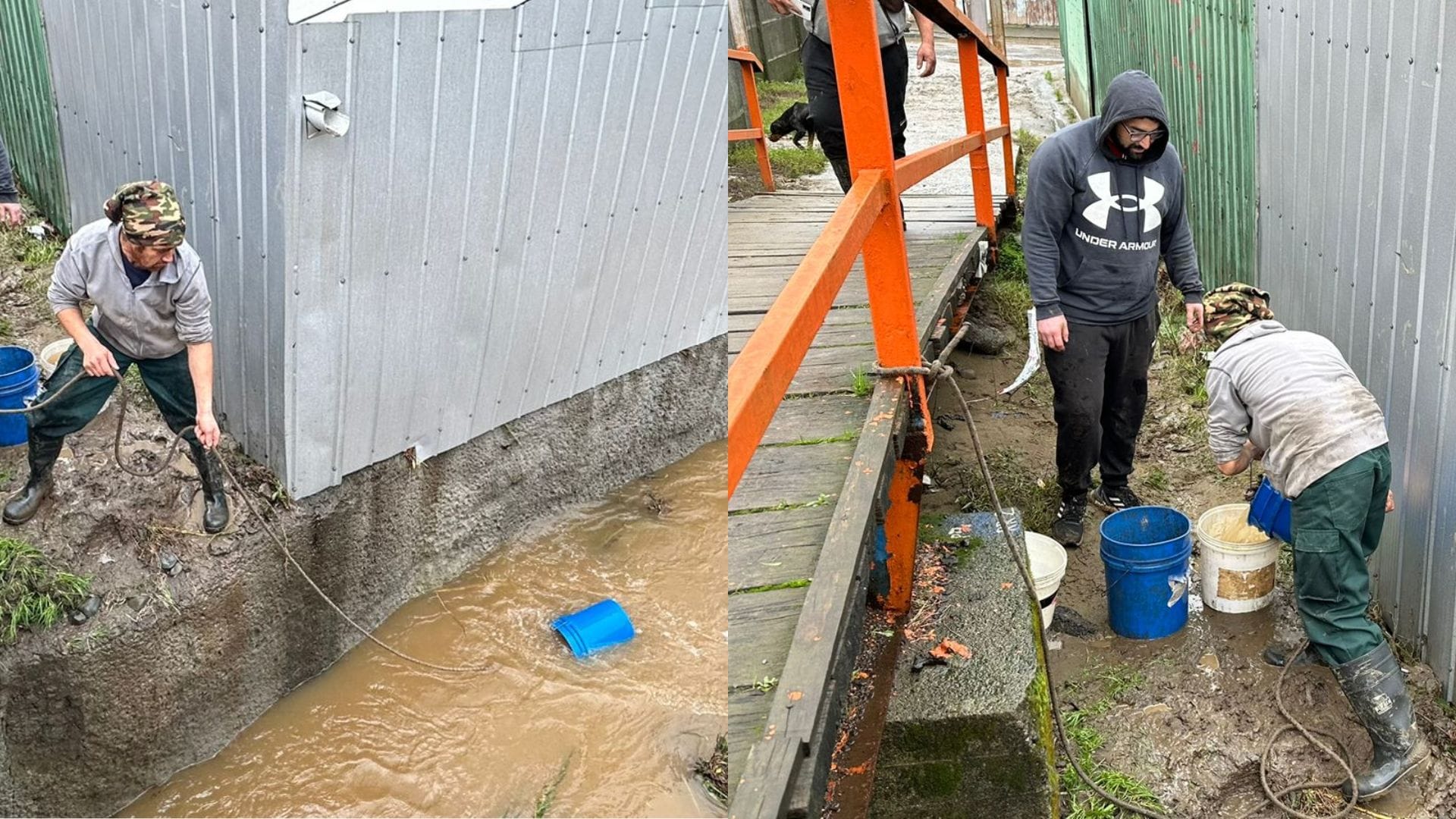 “No hay agua potable”: Vecinos deben sacar del río Ranas en Curanilahue para quitar el barro de sus casas