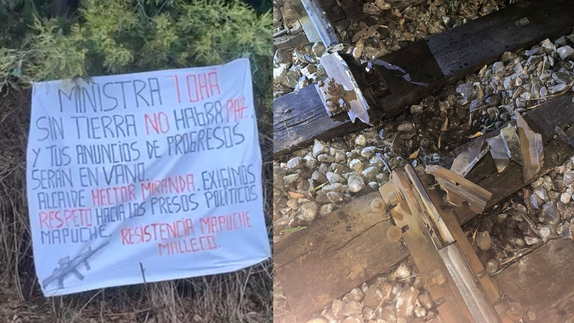 Desconocidos cortan línea férrea en Pidima en La Araucanía: Dejaron lienzo contra la ministra Tohá