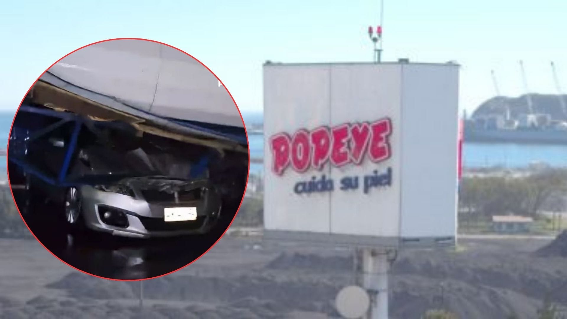 Efecto del viento: letrero de la fabrica de jabón Popeye aplastó autos en Talcahuano