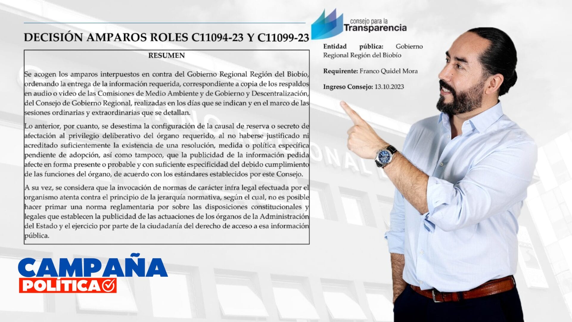 Candidato a CORE por Concepción Franco Quidel logra levantar el secreto a sesiones de comisión del organismo