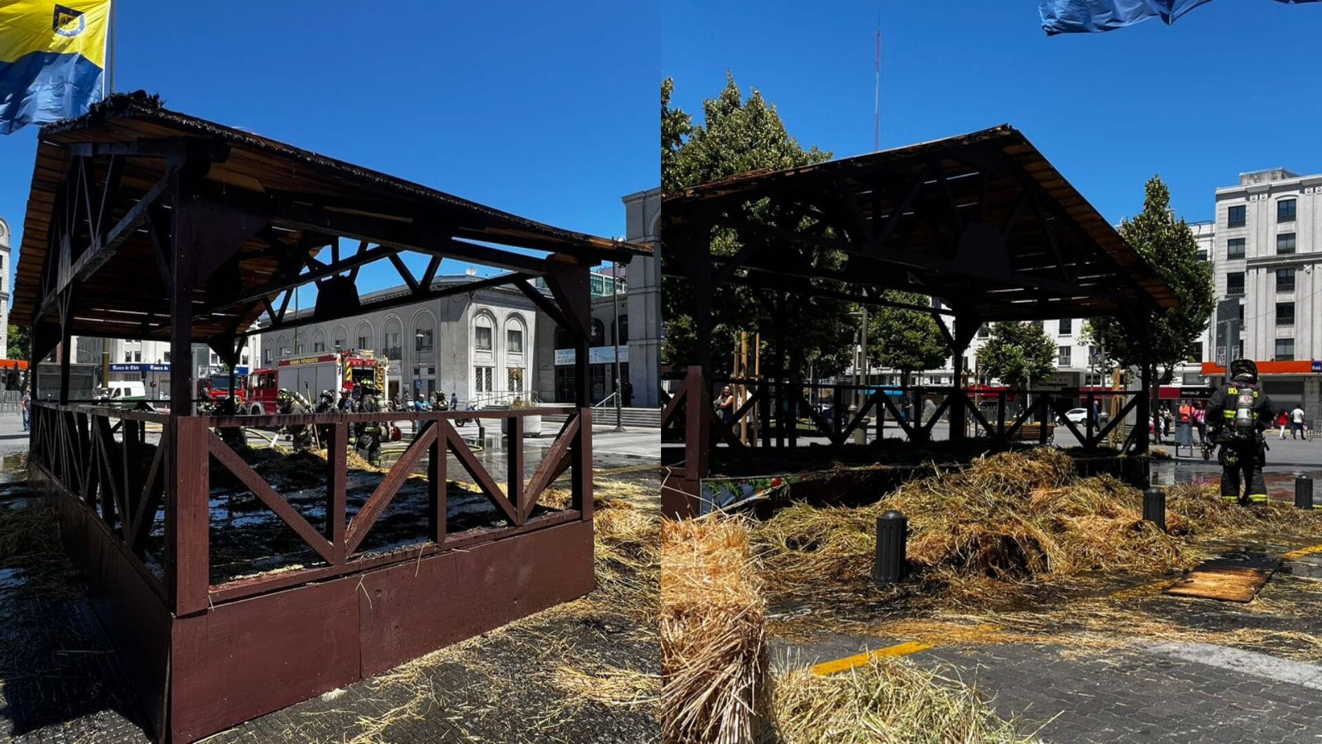 Fuego consumió parte del pesebre de la Plaza de Independencia en el centro de Concepción