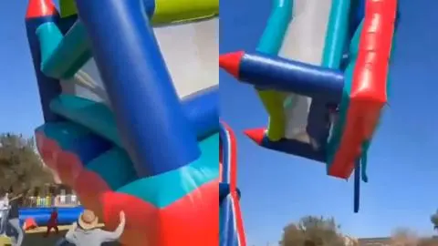 Captan el momento en que castillo inflable salió volando con niños en su interior en Sudáfrica: Uno de ellos se fracturó el cráneo