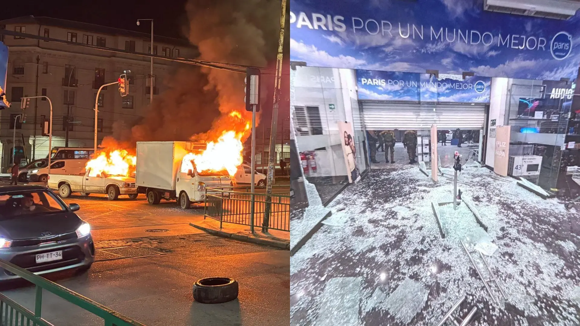 Violento asalto a tienda Paris en Valparaíso: Quebraron ventanales, usaron miguelitos y quemaron dos vehículos