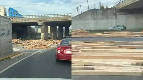 Camión pierde carga de madera en plena Costanera del Gran Concepción: Registran alta congestión vehicular