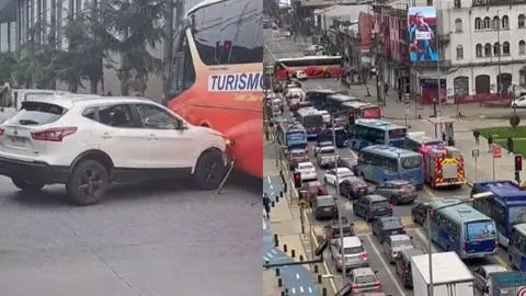 Registran colisión entre auto y bus en pleno centro de Concepción: Bomberos acuden al punto