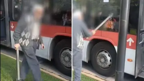 Taxista de 81 años desata furia y ataca con un fierro a bus del sistema Red en Las Condes