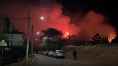 Grave incendio forestal cercano a viviendas en Constitución lleva casi un día activo: Senapred declaró Alerta Roja
