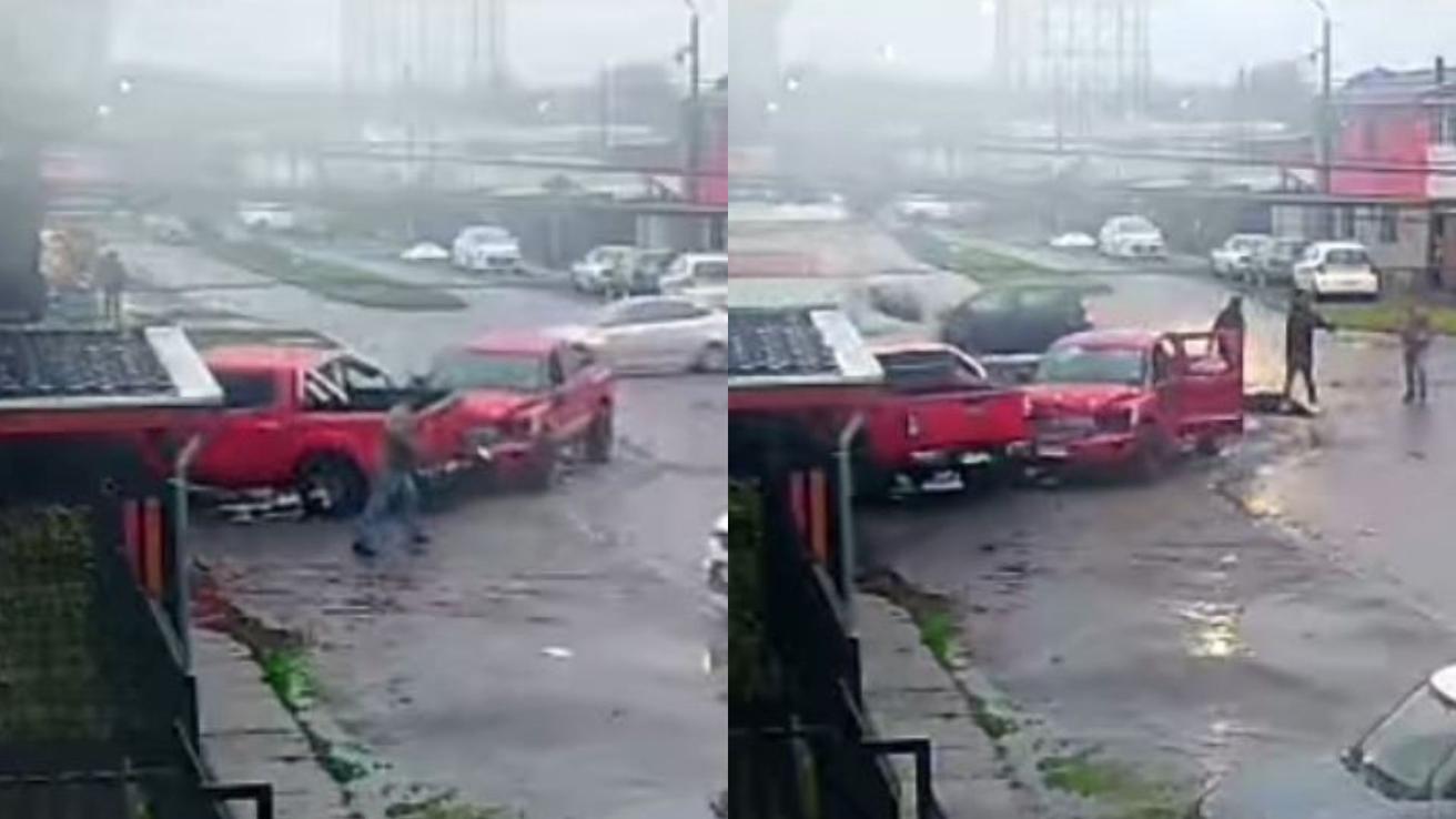 Brutal pelea de vecinos en Hualpén deja un herido grave: Captan choque de camionetas y agresión con fierros