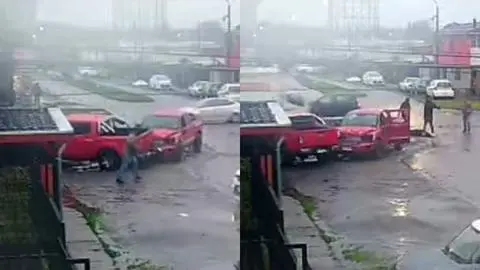Brutal pelea de vecinos en Hualpén deja un herido grave: Captan choque de camionetas y agresión con fierros