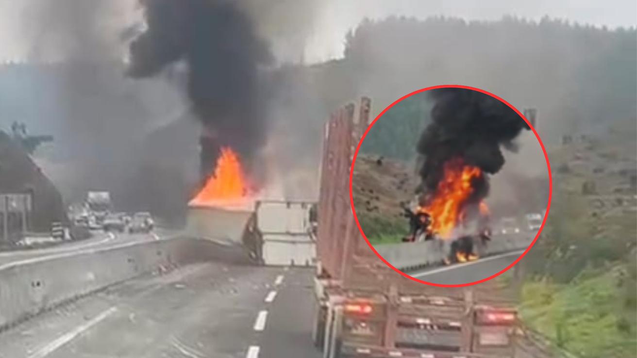 Camión volcado genera estragos en autopista del Itata: terminó incendiado a la mitad de la pista