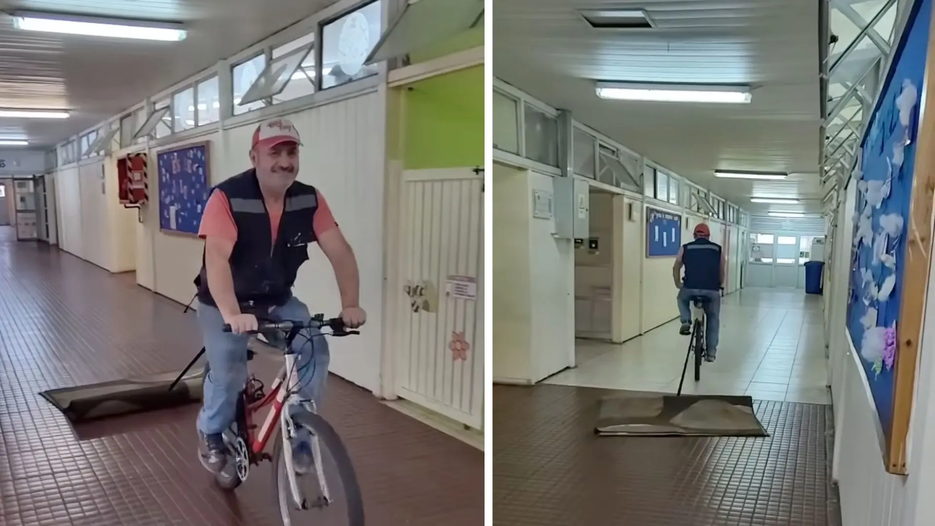Con una bicicleta y un escobillón: Trabajador de colegio en Talcahuano sorprende con creativo método de limpieza