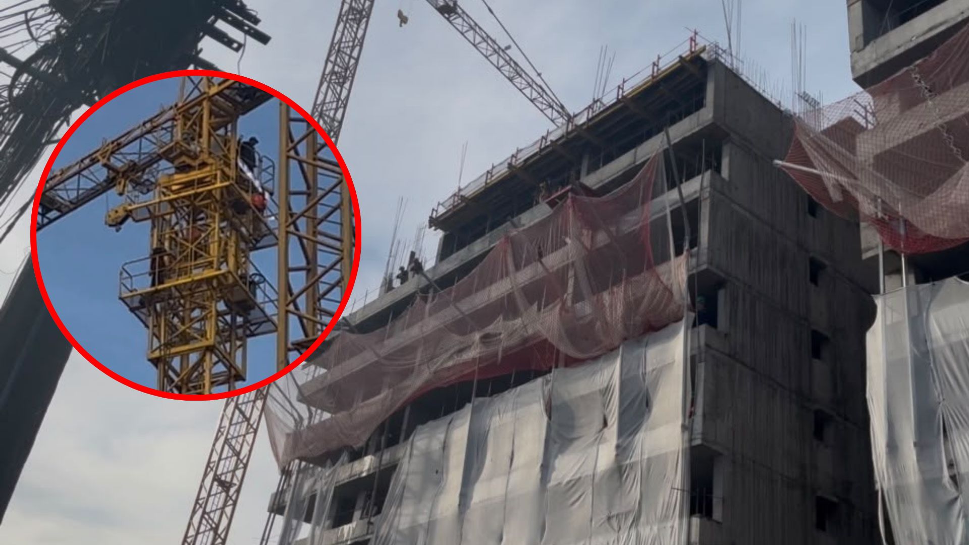 Trabajadores de construcción se toman grúa en pleno centro de Concepción a modo de protesta